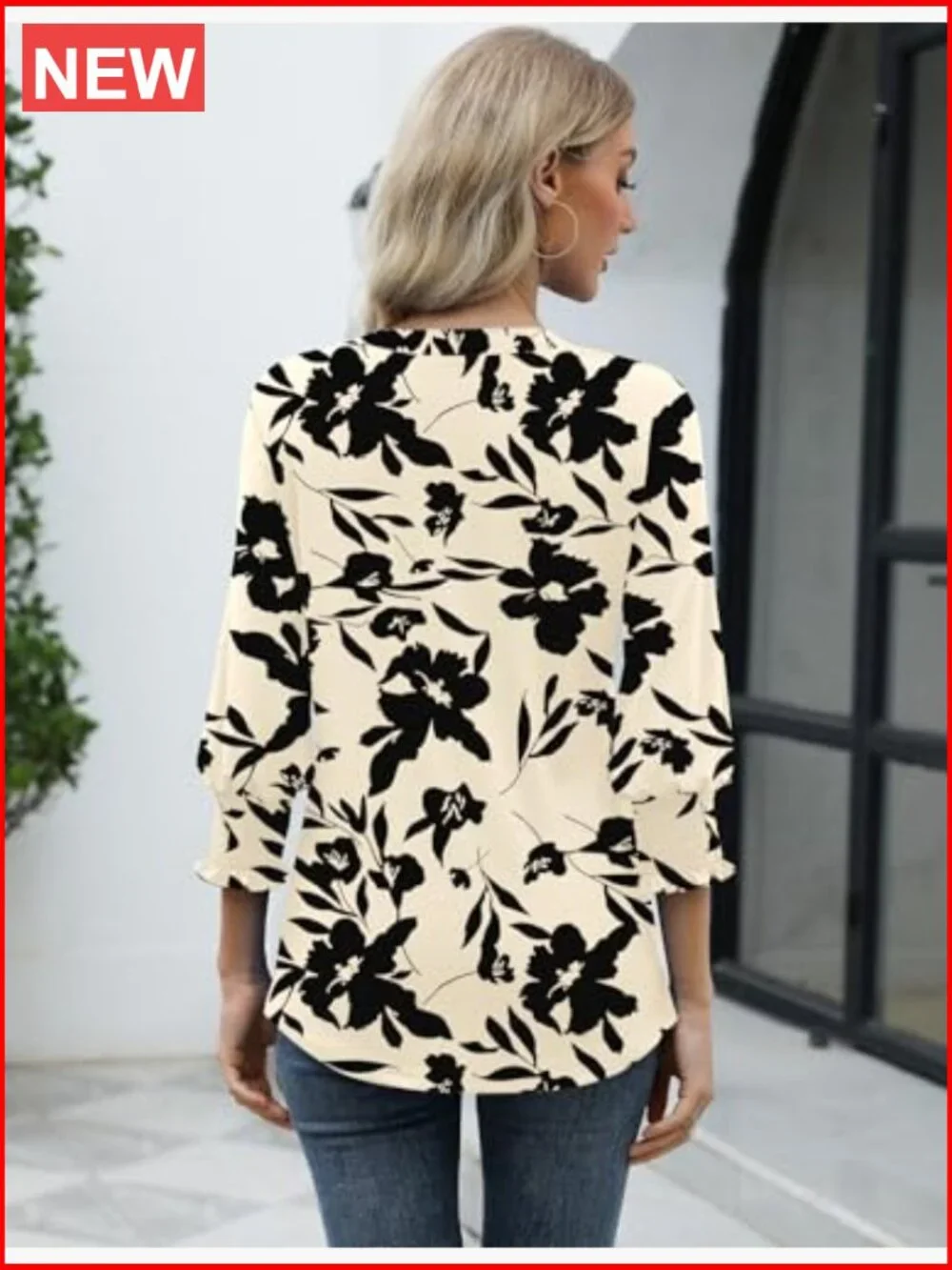 3/4 Sleeve V-Neck Blouse with Ruffle Cuffs - Business Casual - Picture 4 of 7